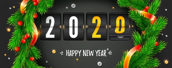 Counting last moments before Christmas or New Year 2020. Retro flip clock decorated wreath of fir branches and colored pearls. Hand lettering of happy new year written in chalk. Vector 3d illustration — Stock Vector