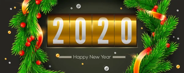 クリスマスや新年2020年のグリーティングカード。金色のレトロな時計は、モミの枝、赤いリボンと色の真珠の花輪を飾りました。水平なxmasポスター。ベクトル3Dイラスト — ストックベクタ