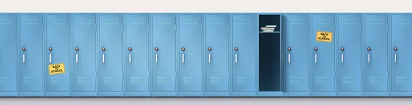 Välkommen tillbaka till skolan. Lång rad blå skåp med kombinationslås och handtag. Uppsättning realistiska skol skåp, Metallskåp med stängda och öppna dörrar. Vektor-mall, 3D-illustration. — Stock vektor