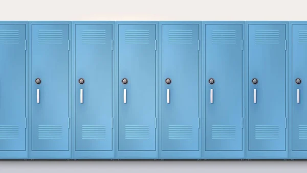 蓝色橱柜，带组合锁和手柄。欢迎回到学校。一套逼真的学校储物柜，金属柜，门紧。矢量模板，3d 插图. — 图库矢量图片