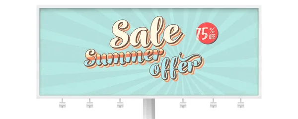 Sale, summer offer. Billboard with banner in vintage Pop art style. Reduction of prices, Get up to 75 percent discount. Vector template. Retro grunge pattern, scuffs texture, old school style. — Stock Vector