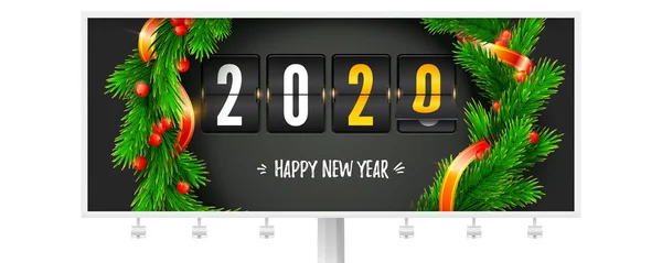 Billboard con gli auguri di Natale o Capodanno 2020. Orologio meccanico a scatto decorato con rami e nastri di abete. Lettere a mano di felice anno nuovo scritte in gesso. Illustrazione vettoriale 3d . — Vettoriale Stock