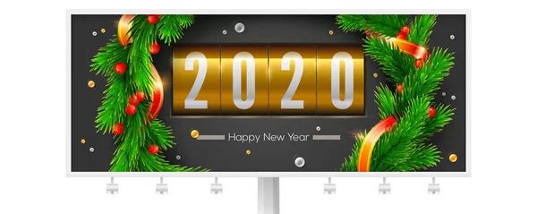 クリスマスや新年2020の挨拶とビルボード。モミの枝と真珠で飾られた機械的なレトロな時計。手でチョークで書かれた幸せな新年の碑文。ベクトル3Dイラスト. — ストックベクタ