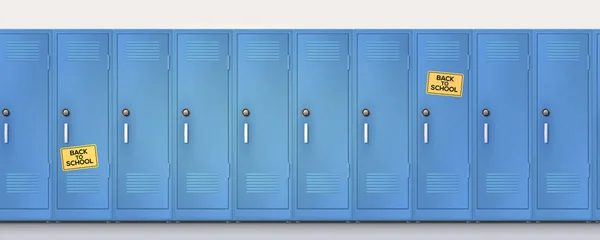 Välkommen tillbaka till skolan. Gula klistermärken på blå skåp med kombinationslås och handtag. Uppsättning realistiska skol skåp, Metallskåp. Vektor-mall, 3D-illustration. — Stock vektor