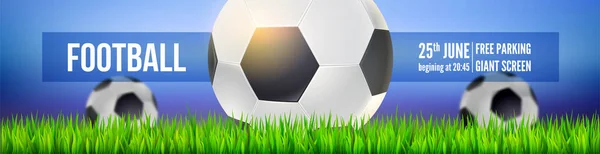 Football balls on field of sport arena in green grass close up on background of night sky. Modern sport banner for soccer tournament, competition or championship. Vector template. 3d illustration. — Διανυσματικό Αρχείο