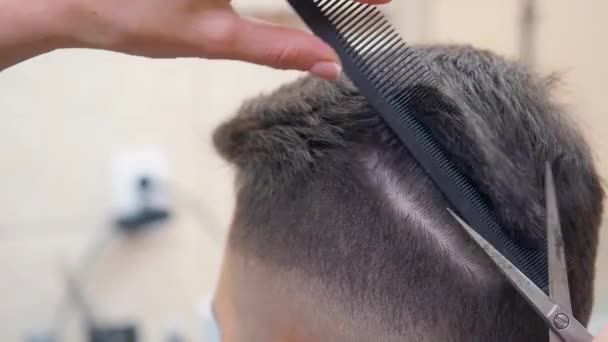 Hair cutting process, close shot. Master cutting hair with scissor and black comb. Man in hairdressing saloon. Selective soft focus. Blurred background. — Stock Video