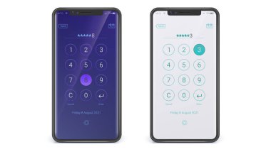 Dijital kadranlı akıllı telefonlar. Şifre girilmesi ya da çevirilmesi için kullanıcı ekranı. Gündüz ve gece versiyonu. Vektör 3 boyutlu illüstrasyon beyaz üzerine izole edildi