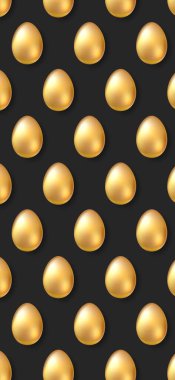 Altın yumurtalarla dolu bir arka plan. Paskalya bayramları için bir model. Vektör illüstrasyonu X boyutunda. Akıllı telefonlar için şablon ya da lüks parti için dikey afişler. Telefon Adresi