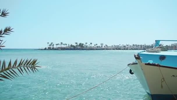 Boat tied to a wharf with ropes, extreme wide shot. Palm branch swinging in the wind. Coastline on horizon. Photographed in Egypt, Red Sea. Selective soft focus. Blurred background. — Stock videók