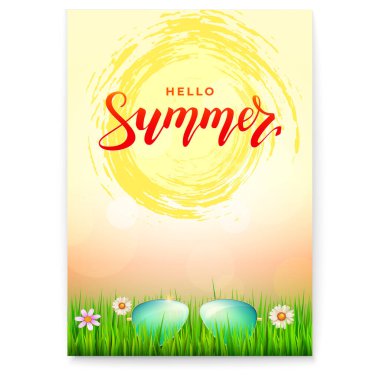 Hello Summer. Vertical vector poster. Sunglasses in green grass and hot summer sun. Template for greeting card, invitation.
