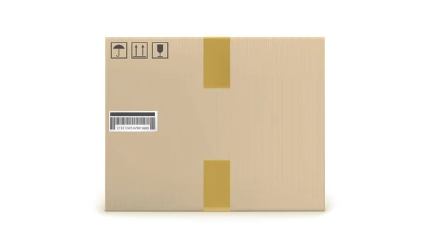Realistic cardboard box with icons of transport symbols. Front view with packing tape, barcode. Vector icon. — Stockvector