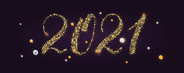 2021 banner for Happy new year holidays. Glittering golden text and pearls. Abstract art, template for greetings cards — Stok Vektör