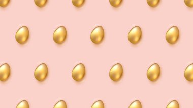 Pembe arka planda altın yumurtalar. Modern model. Vektör 3d illüstrasyon