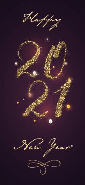 Yeni yıl tatili için 2021 dikey afişi. Parlayan altın yazılar ve inciler. Soyut sanatla ilgili bir geçmiş. Tebrik kartları için şablon