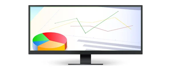 Wide large-format computer monitor showing charts and graph. Vector 3d illustration isolated on white background — Stock Vector