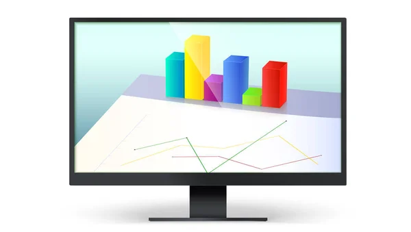 Realistic computer monitor showing charts and graph. Vector 3d illustration isolated on white background — Stock Vector