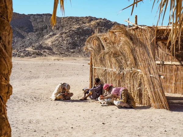 Village bédouin dans le désert, Egypte - Février 2020 : quatre bédouins assis près du roseau jaune hangar, vue moyenne. Mise au point sélective. Fond flou. — Photo