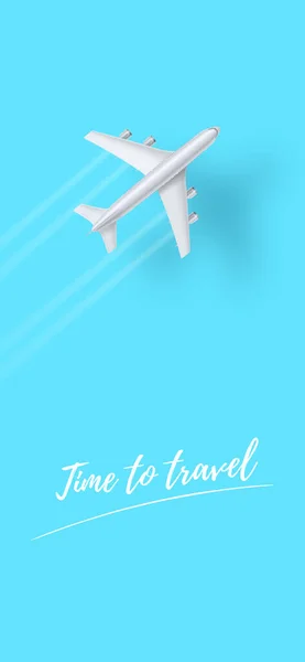 El avión plateado vuela sobre un cielo azul claro. Tiempo para viajar. Plantilla vectorial para teléfonos inteligentes X tamaños. Interfaz telefónica — Vector de stock