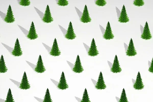 Groene kerstbomen op witte winterachtergrond. Minimalistisch trendy patroon. Nieuwjaarsconcept voor kerstvakantie. — Stockfoto