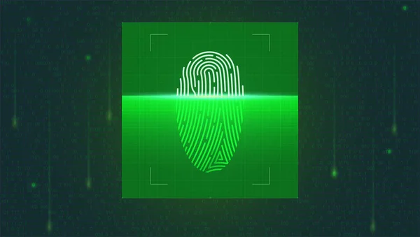 Fingeravtrycksläsning på skärmen i digital matris. Begreppet biometrisk kontroll. Säkerhet och identitet genom fingeravtryck. Vektor 3d illustration — Stock vektor