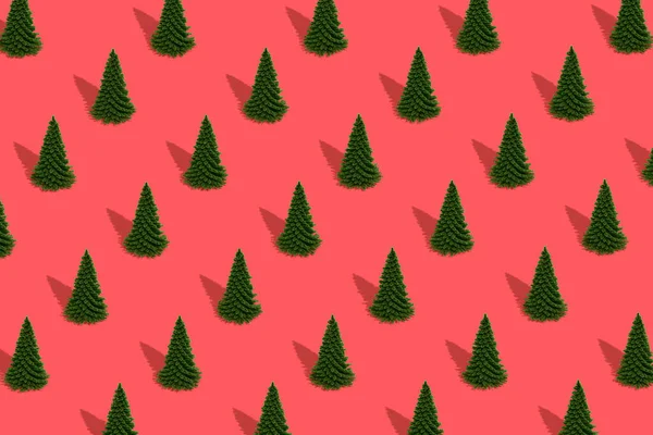Padrão de árvores de Natal no fundo vermelho. Conceito de Ano Novo. Composição na moda. Ilustração 3d — Fotografia de Stock