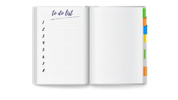 Notebook aberto realista com limpo para fazer lista e marcadores coloridos. Ilustração vetorial 3d isolada sobre branco — Vetor de Stock