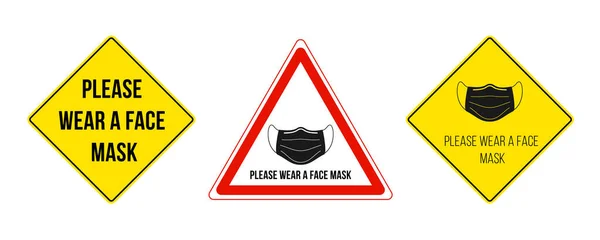 Por favor, usa una mascarilla. Conjunto de señal de advertencia. Ilustración vectorial — Archivo Imágenes Vectoriales