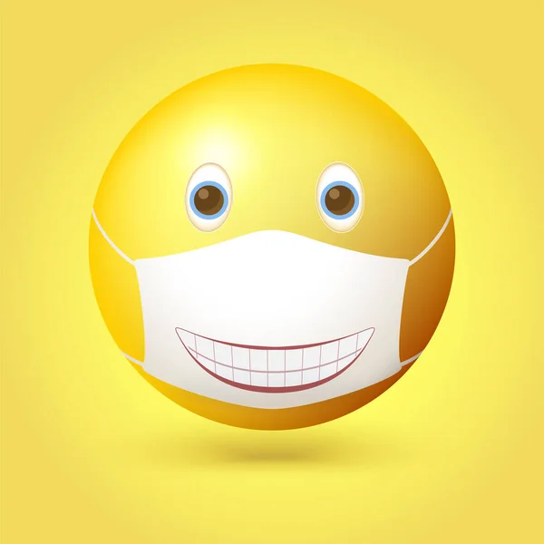 Emoticon Emoji con maschera medica sul viso. Bocca sorridente dipinta su una maschera. Illustrazione vettoriale 3d isolata su sfondo giallo — Vettoriale Stock