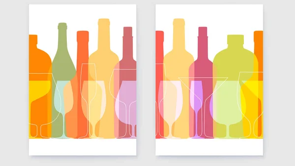 Set posters met omtrek wijnflessen en glazen. Silhouetten in overdrukstijl. Achtergrond met contourflessen en glazen. Vector template voor menu, festival, banner — Stockvector