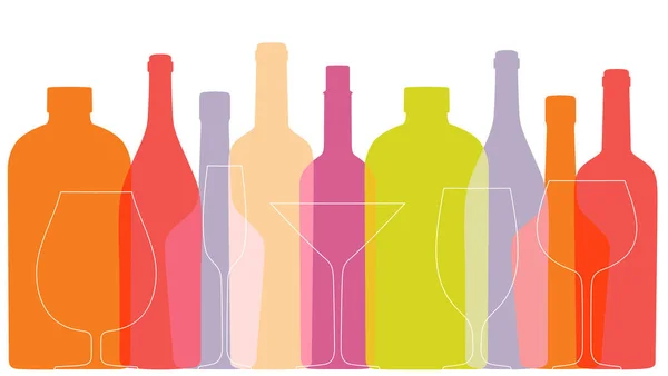 概要白を基調としたワインボトルとグラス。輪郭ボトルとメガネで色の背景。オーバープリントスタイルのシルエット。メニュー、祭り、バナーのベクトルテンプレート — ストックベクタ