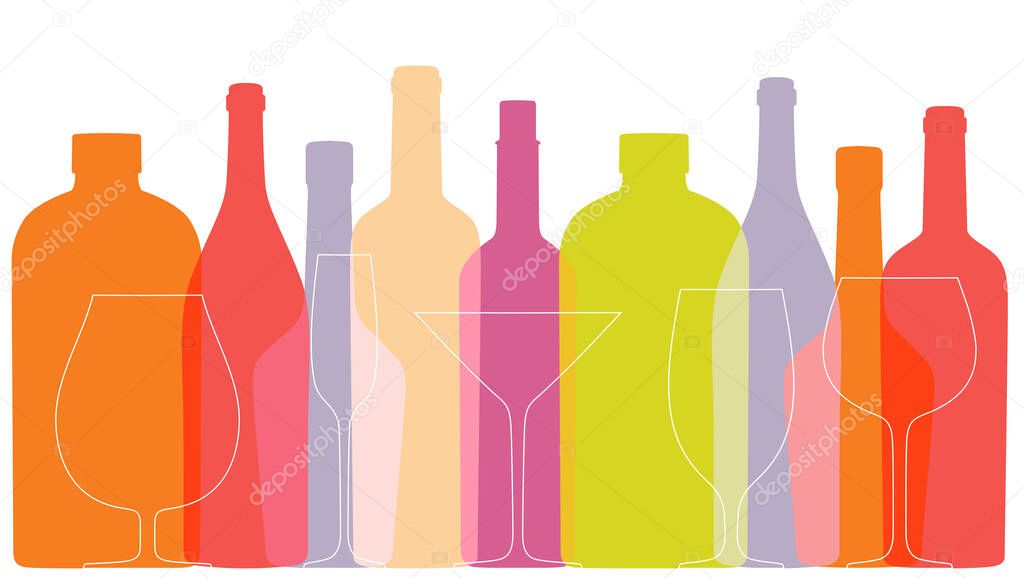 Outline wine bottles and glasses on white background. Color background with contour bottles and glasses. Silhouettes in overprint style. Vector template for menu, festival, banner