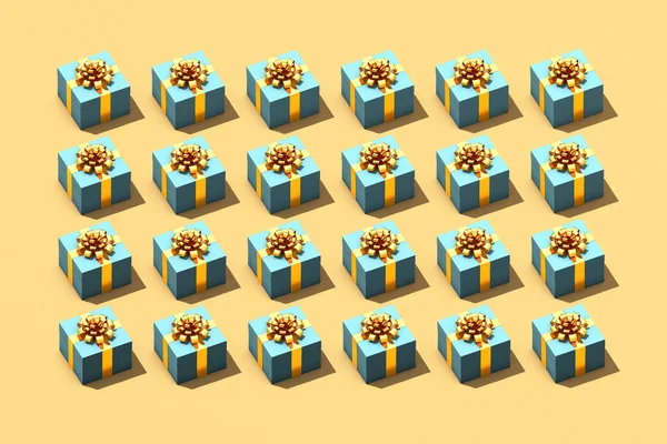 Pattern from set of gift boxes on yellow background. 3d illustration. Top-down view. Complementary color scheme. Happy holiday composition.