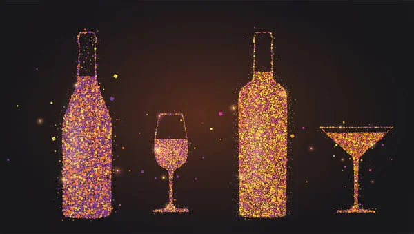 Conjunto de siluetas de copas de vino y botellas sobre fondo negro. Color partículas brillantes en forma de vidrio y botella. Plantilla de vector moderno — Archivo Imágenes Vectoriales