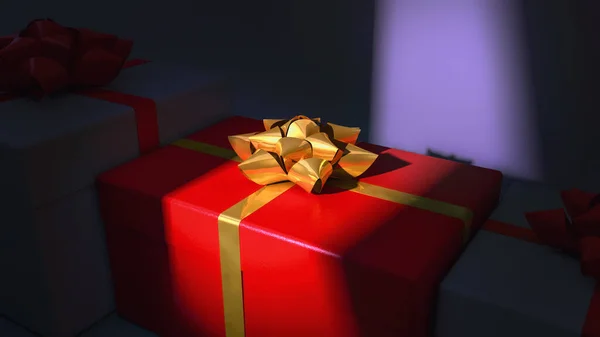 Caja de regalo en rayo de luz. Cajas de regalo en habitación oscura cerca de la pared. El concepto de esperar unas vacaciones. Renderizado 3D. —  Fotos de Stock