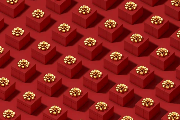 Patroon uit set van rode geschenkdozen met gouden strik op rode achtergrond. 3d illustratie. Monochroom kleurenschema. Gelukkige vakantie samenstelling. — Stockfoto