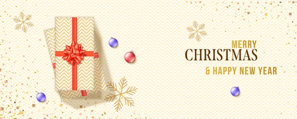Kerstbanner met stapel geschenkdozen. Kerstachtergrond en inpakpapier met zigzagpatroon. Vector 3d illustratie. Kopteksten voor website — Stockvector