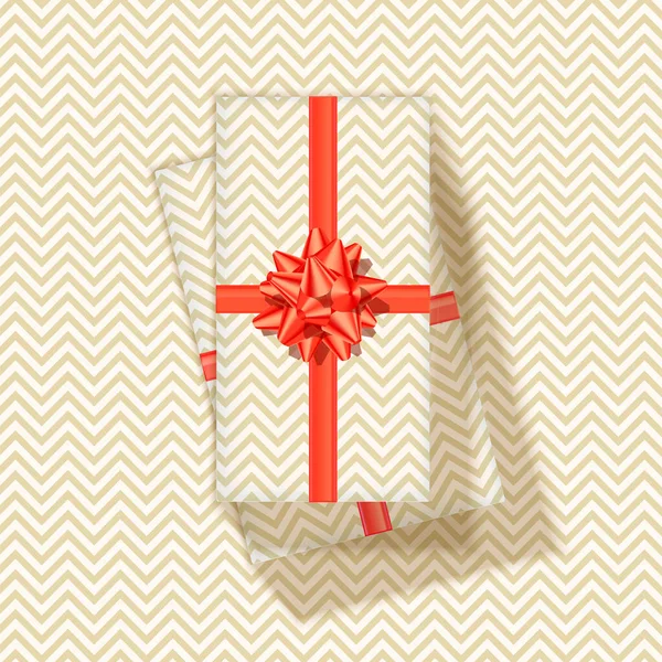 Montón de cajas de regalo con cinta roja y pajarita. Patrón en zig-zag de dos tonos. Esquema análogo. Ilustración vectorial 3d. Vista de arriba hacia abajo. — Vector de stock