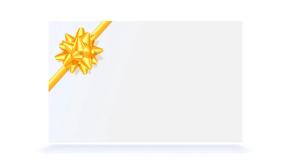 Carta regalo bianca con nastro giallo e fiocco. Modello vettoriale, illustrazione 3d — Vettoriale Stock