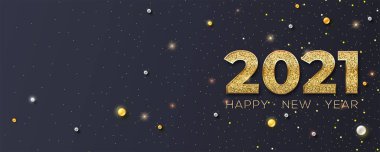 Mutlu yıllar 2021. Siyah arka planda parıldayan altın tozlar ve inciler. Yeni yıl posteri, web sitesi başlıkları. Kutlama vektörü 3D illüstrasyon