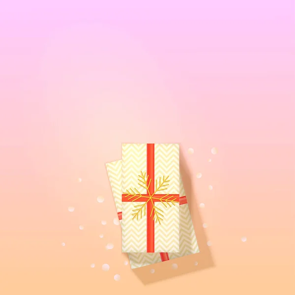 Geschenkbox auf trendigem Hintergrund. Blick von oben auf Packpapier mit festlichem Muster und goldener Weihnachtsschneeflocke. Vektorhintergrund — Stockvektor