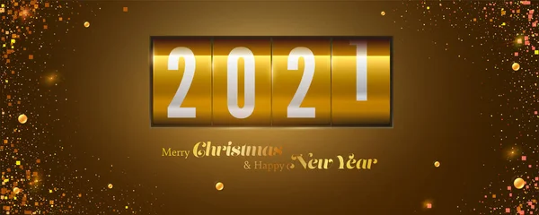 メリークリスマスとハッピーニューイヤー。2021年が来る。お祝いの背景にレトロなスコアボードはクリスマスティンセルを飾りました。ベクトル3Dイラスト — ストックベクタ