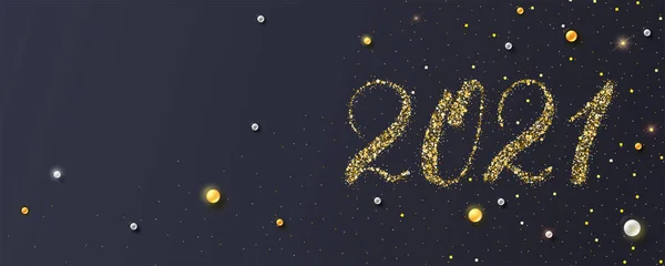 Feliz Año Nuevo 2021. Números dibujados a mano, polvo dorado brillante y perlas. Afiche de año nuevo, encabezados para el sitio web. Ilustración festiva vectorial 3D — Archivo Imágenes Vectoriales