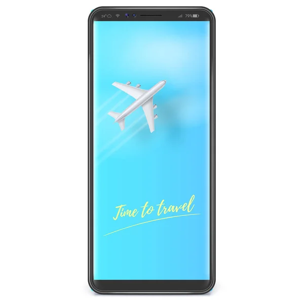 银色的飞机在明亮的蓝天上飞行在智能手机屏幕X的尺寸上.是时候旅行了旅行和旅行社的病媒模板。电话：UI. — 图库矢量图片