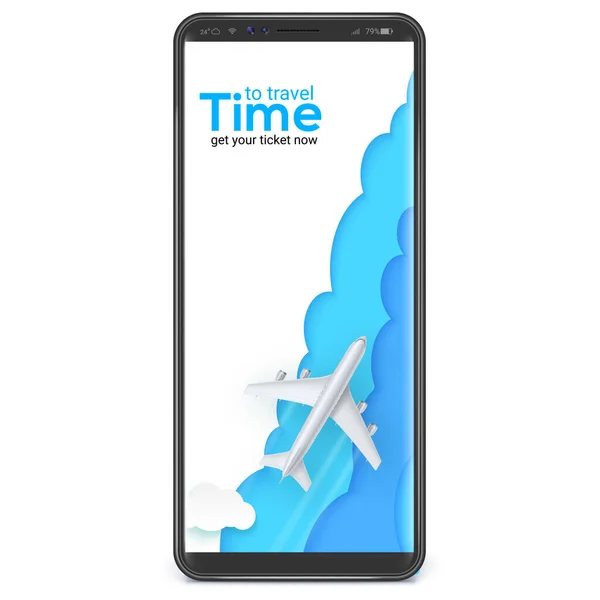 在智能手机X尺寸的屏幕上,飞机在时尚的多层天空中飞行.是时候旅行了旅行和旅行社的病媒模板。电话：UI — 图库矢量图片