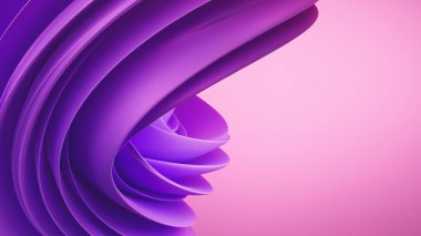 Üç boyutlu soyut arkaplan, parlak mor tonlarda katmanlı spiral şekiller. Pürüzsüz doku ve sağ tarafında fotokopi alanı olan modern gradyan aydınlatma.