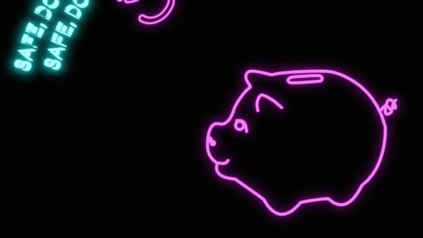 Neon Symbole Für Geld Münzen Fallen Ins Sparschwein — Stockvideo