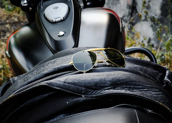 Sunglasses Leather Jacket Motorcycle Seat Close — Stock Photo, Image