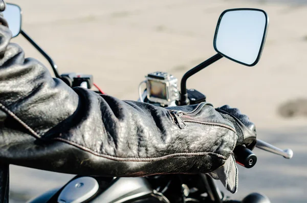 Hands Motorcyclist Black Leather Jacket Gloves Handlebars Motorcycle — Stock Photo, Image