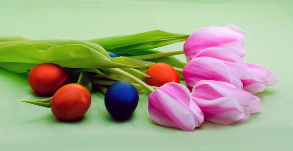 Easter still life flowers tulips and painted eggs — Stock Photo, Image