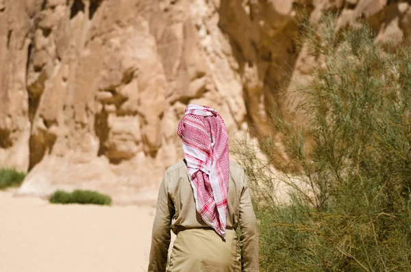 Bedouin in white goes in the canyon in the desert among the rock — Stock Photo, Image